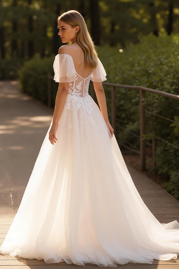 Ivory A Line Off the Shoulder Tulle Wedding Dress with Lace Appliques